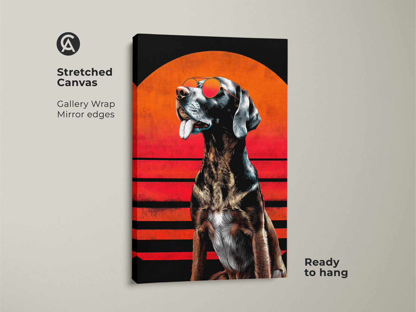 Stretched canvas print of a retro pop art dog. The sunglasses dog wall art is ready to hang. It has gallery wrapped mirror edges. The orange and black dog poster makes an eclectic pet portrait. A cool and modern animal decor.