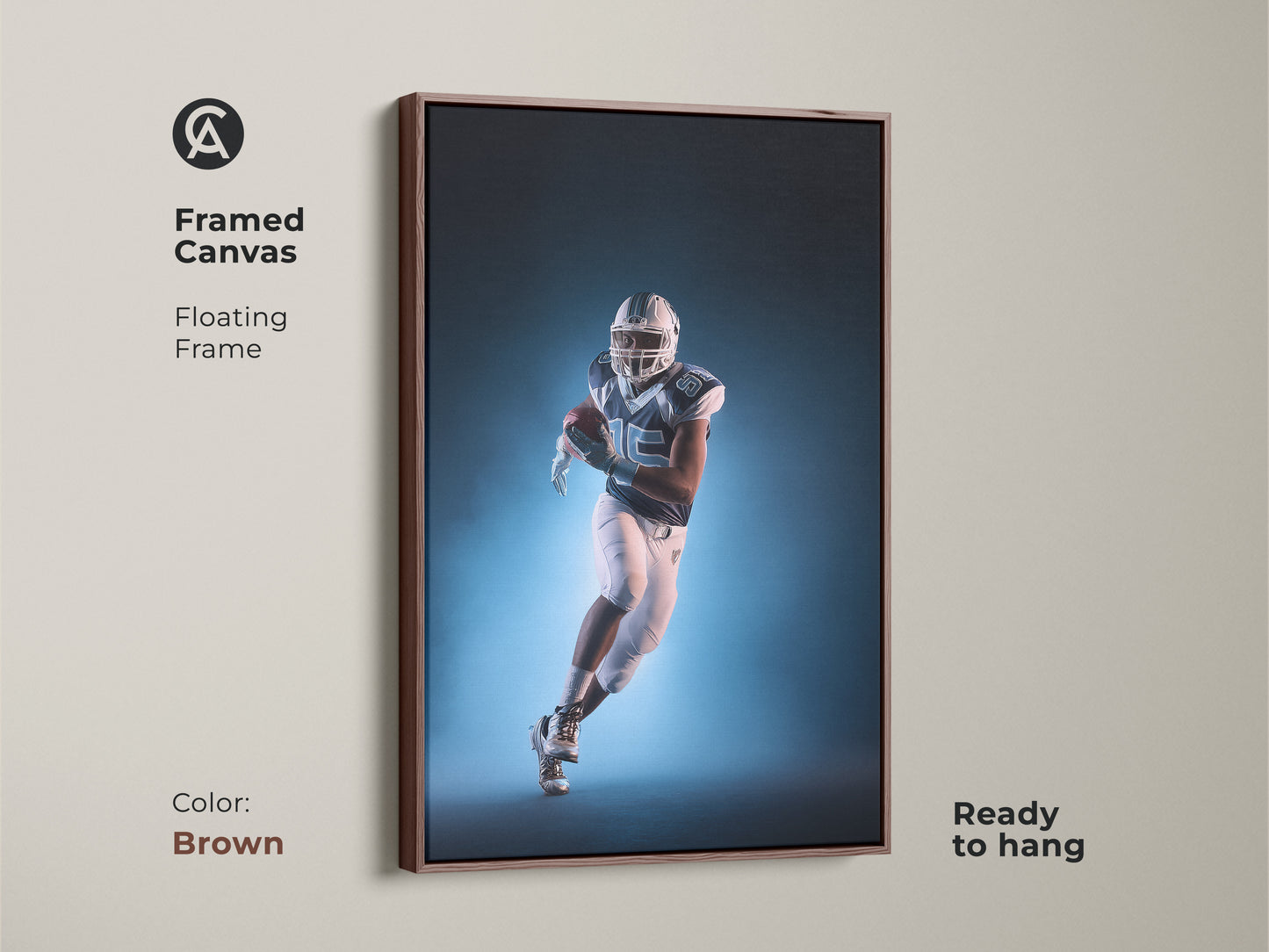 A framed canvas with floating frame features an American Football player. The contemporary teal and white sports artwork is ready to hang. The brown frame adds a modern athletic vibe. It's a fantastic gift for sports fans.