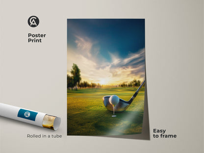 Golf course sunset poster print. A golf ball is on the tee ready for action. The poster is rolled in a tube for easy framing. Bring the beauty of the golf course to your home. This poster is easy to frame and display. Get your golf poster today.