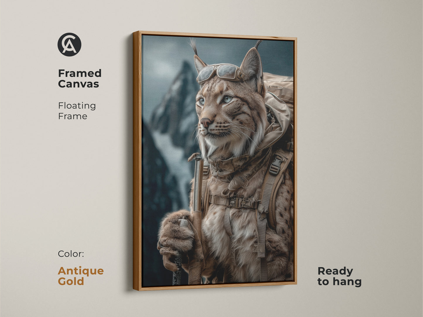 Framed canvas in antique gold featuring rustic Lynx artwork. The photorealistic lynx is ready to hang. It is dressed for outdoor adventure. Complete with a backpack and goggles. Displayed against a backdrop of majestic mountains. The tan brown teal wildlife artwork is great for the office and home.