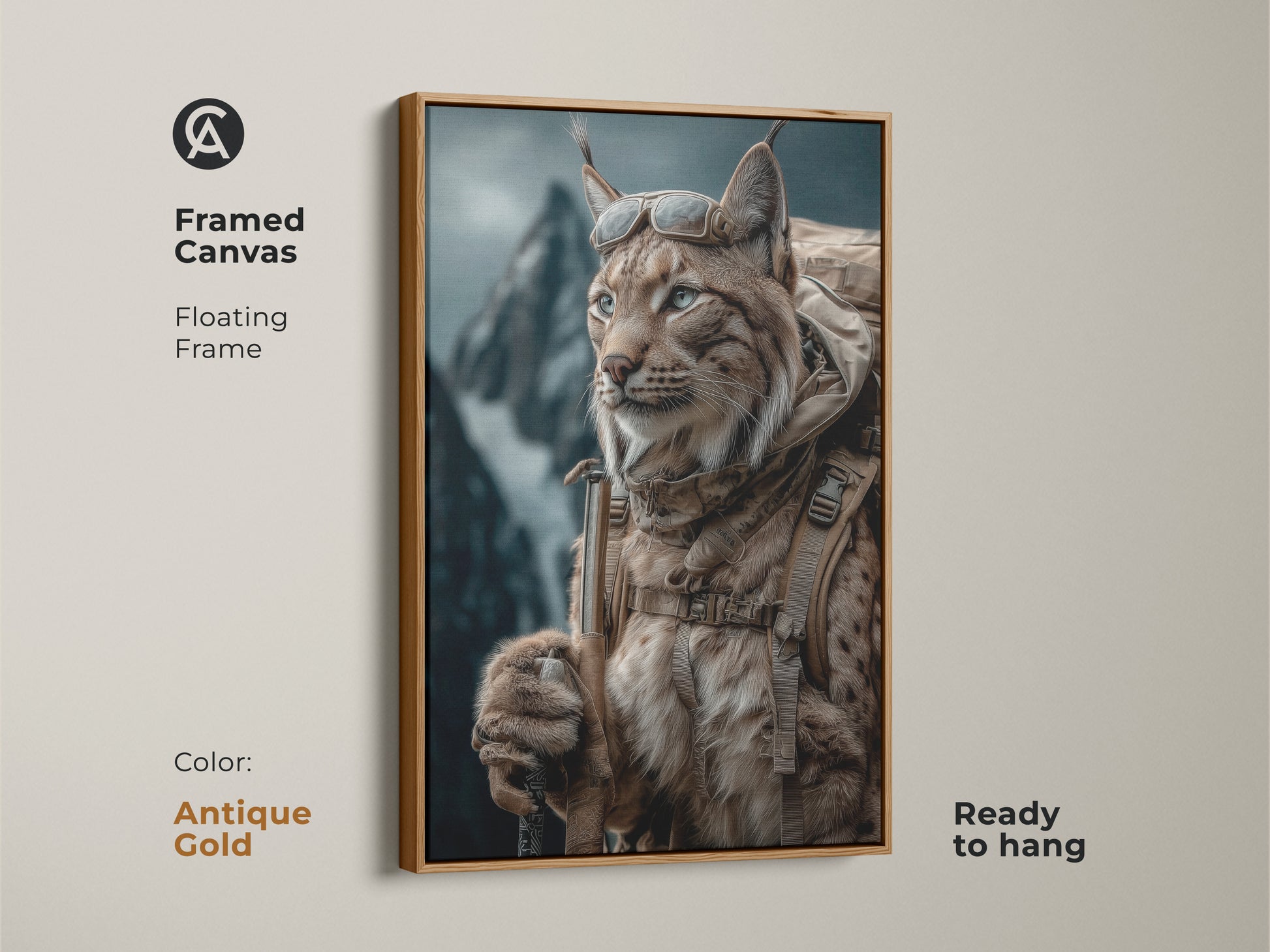 Framed canvas in antique gold featuring rustic Lynx artwork. The photorealistic lynx is ready to hang. It is dressed for outdoor adventure. Complete with a backpack and goggles. Displayed against a backdrop of majestic mountains. The tan brown teal wildlife artwork is great for the office and home.