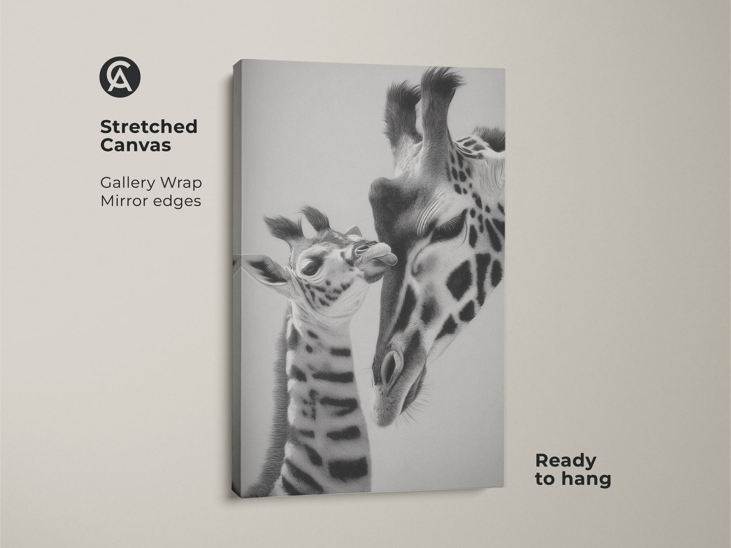 Stretched canvas print featuring a mother and baby giraffe in a realistic pencil sketch. Ready to hang this monochrome animal art brings wildlife into any room. Gallery wrapped with mirror edges animal nursery decor.