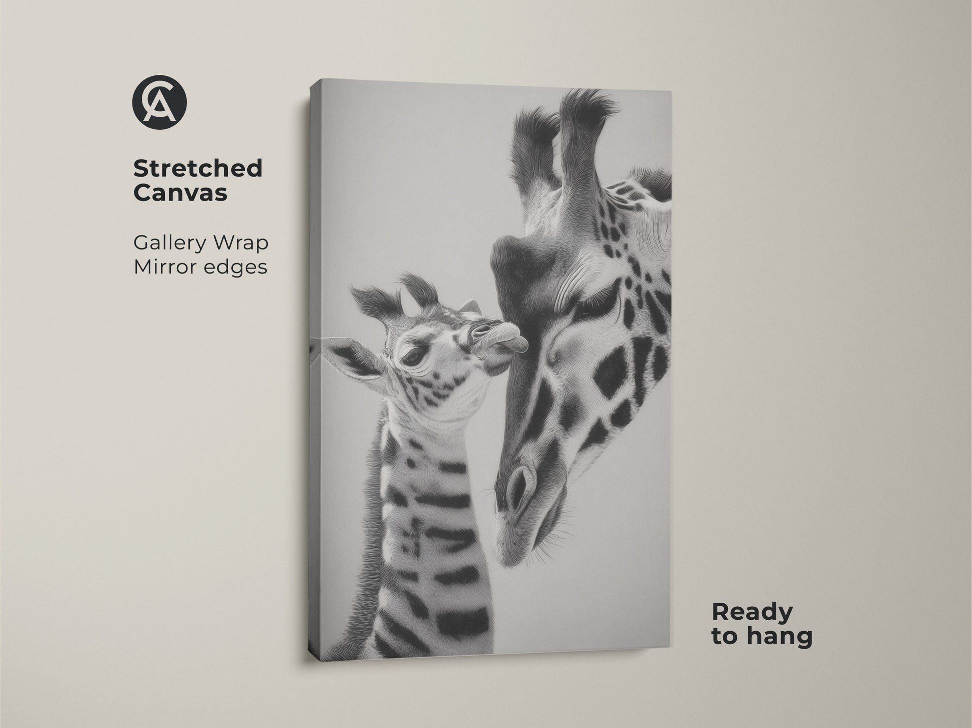 Stretched canvas print featuring a mother and baby giraffe in a realistic pencil sketch. Ready to hang this monochrome animal art brings wildlife into any room. Gallery wrapped with mirror edges animal nursery decor.