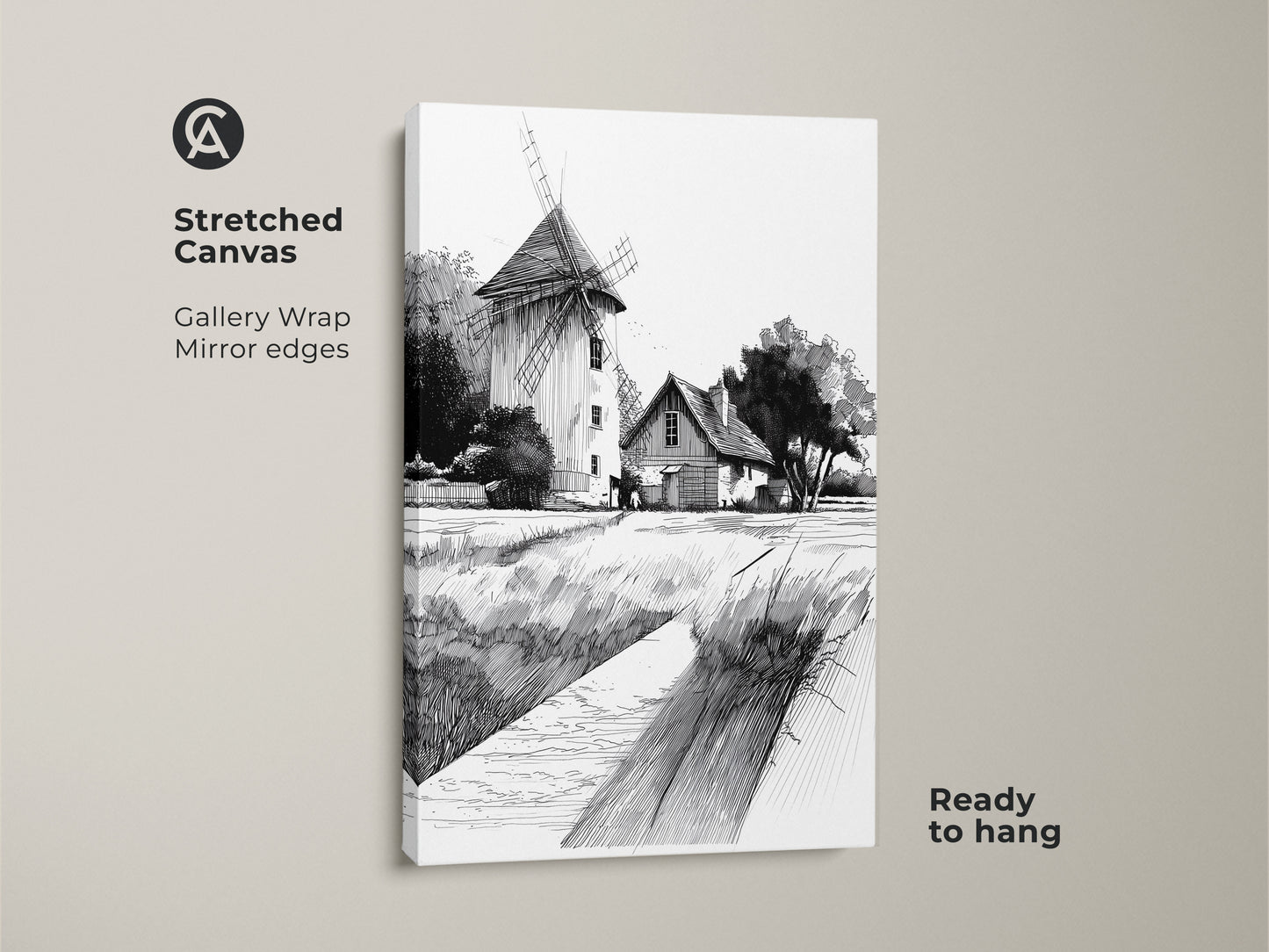 Stretched canvas print of a farmhouse windmill artwork. The black and white ink drawing captures a country landscape. Gallery wrapped with mirrored edges it's ready to hang. Ideal for rustic home decor and farmhouse wall art.