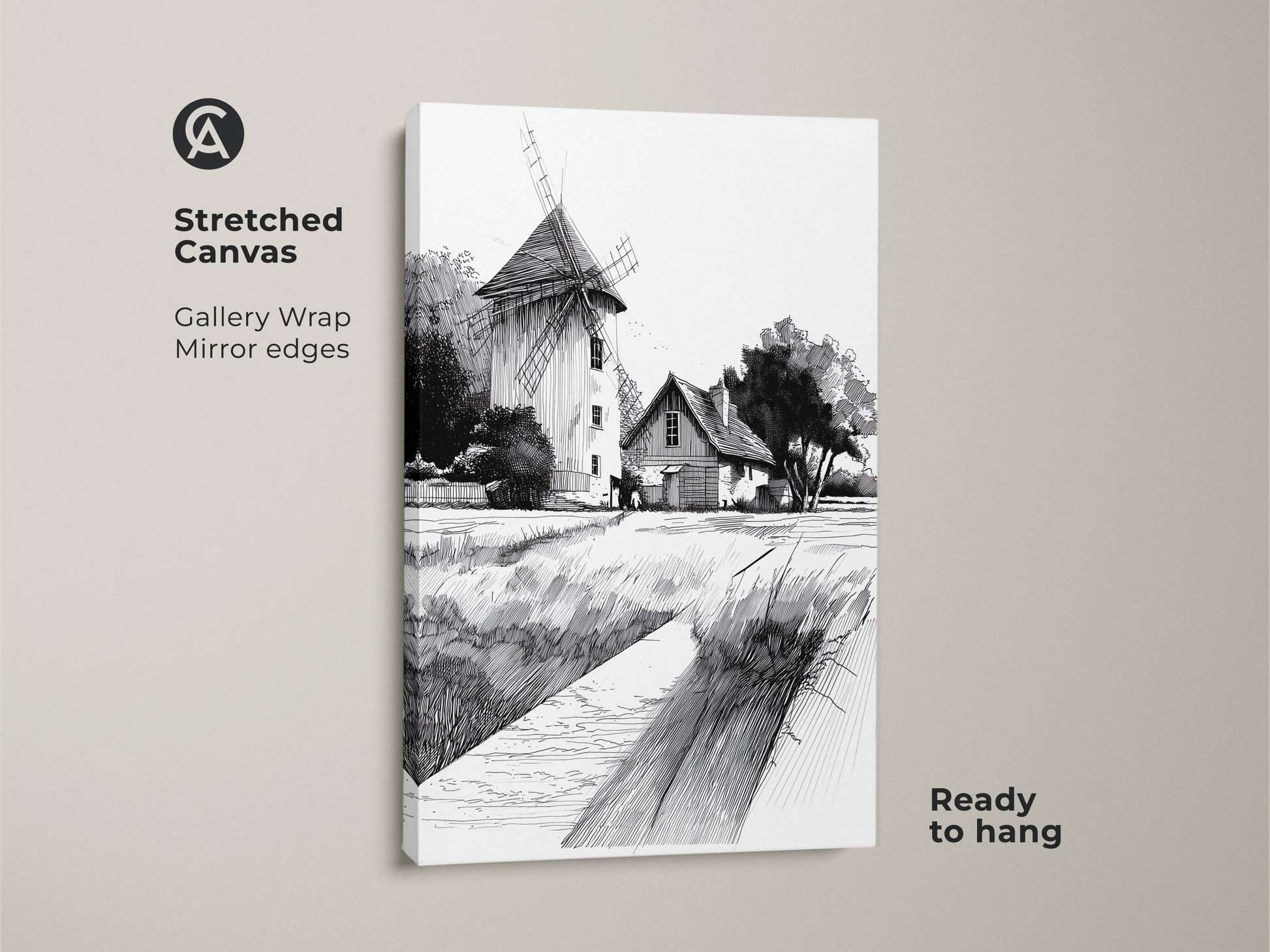 Stretched canvas print of a farmhouse windmill artwork. The black and white ink drawing captures a country landscape. Gallery wrapped with mirrored edges it's ready to hang. Ideal for rustic home decor and farmhouse wall art.
