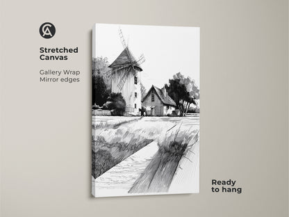 Stretched canvas print of a farmhouse windmill artwork. The black and white ink drawing captures a country landscape. Gallery wrapped with mirrored edges it's ready to hang. Ideal for rustic home decor and farmhouse wall art.