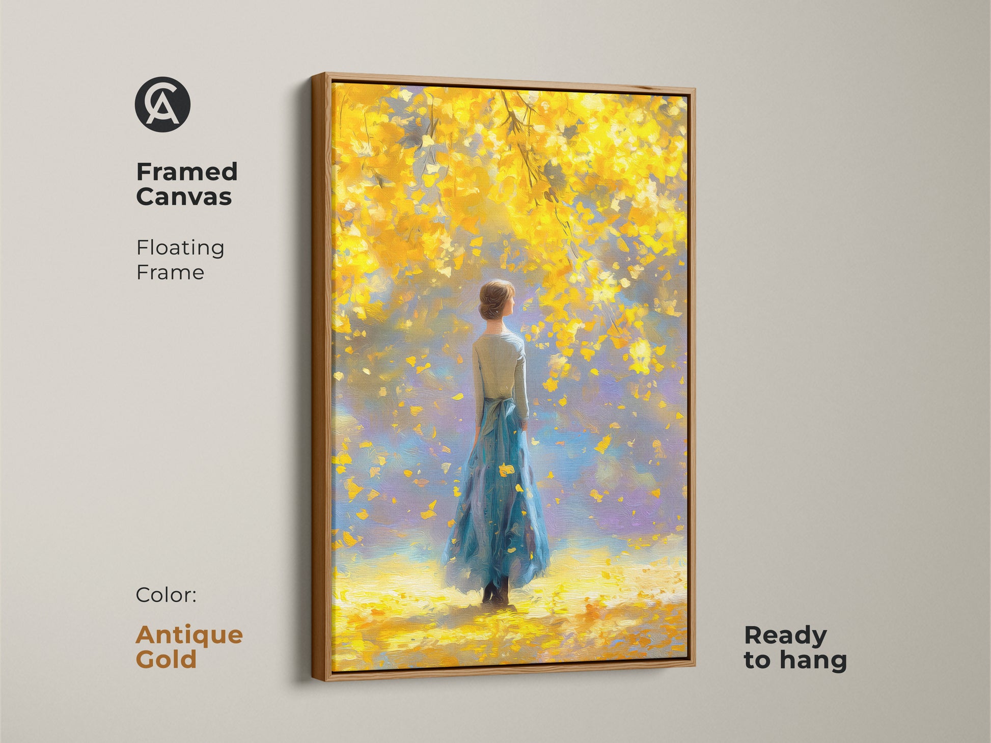 Antique gold framed canvas art highlighting a woman in a blue dress under a golden yellow tree. The floating frame enhances the artwork's beauty. Ready to hang this piece offers a complete and stylish art solution. Elevate your interior with this serene and elegant artwork.