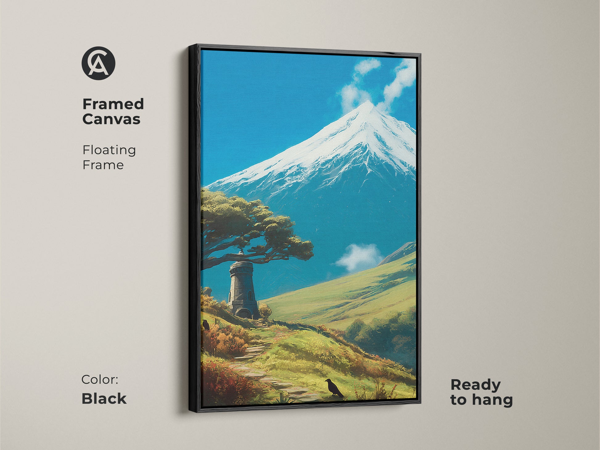 Framed Canvas in Black Floating Frame showcases mountain lighthouse art. The scenic landscape print captures nature's beauty. Blue sky wall art brings a contemporary touch to home decor. A nature travel artwork is ready to hang. Ideal for adding an adventure themed coastal lighthouse decor.