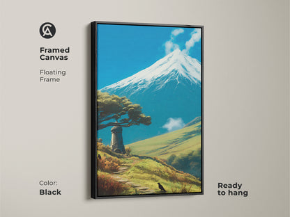 Framed Canvas in Black Floating Frame showcases mountain lighthouse art. The scenic landscape print captures nature's beauty. Blue sky wall art brings a contemporary touch to home decor. A nature travel artwork is ready to hang. Ideal for adding an adventure themed coastal lighthouse decor.