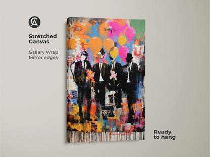 A striking stretched canvas displays graffiti style men in suits. The gallery wrap has mirror edges. The abstract balloon print uses pop culture elements. The background has pink blue and orange hues. Ready to hang this piece as eclectic art for your living room.