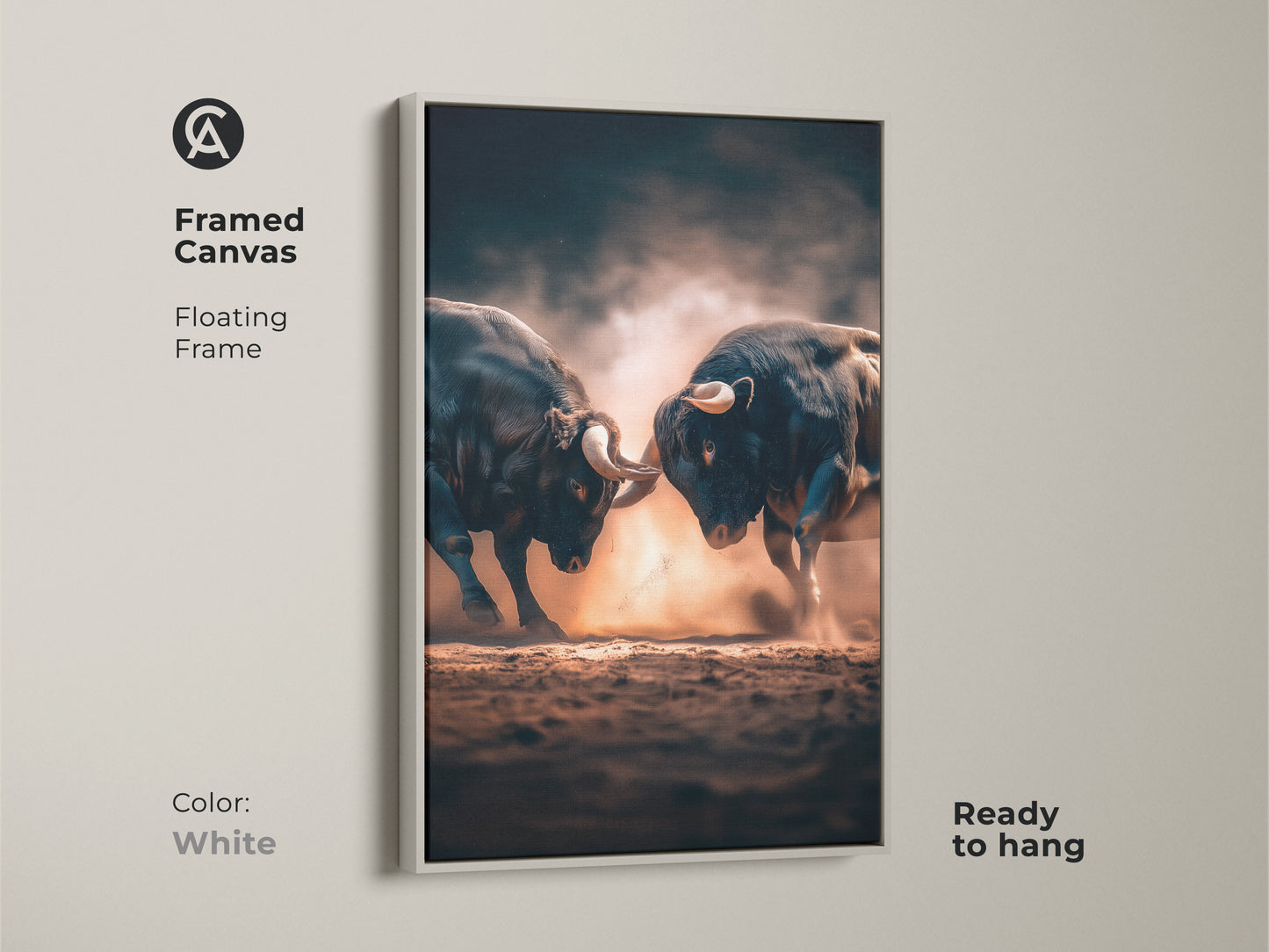 Framed canvas artwork of two bulls fighting. The floating frame in white offers a clean look. Ready to hang this artwork brightens any space. A perfect addition to contemporary homes.