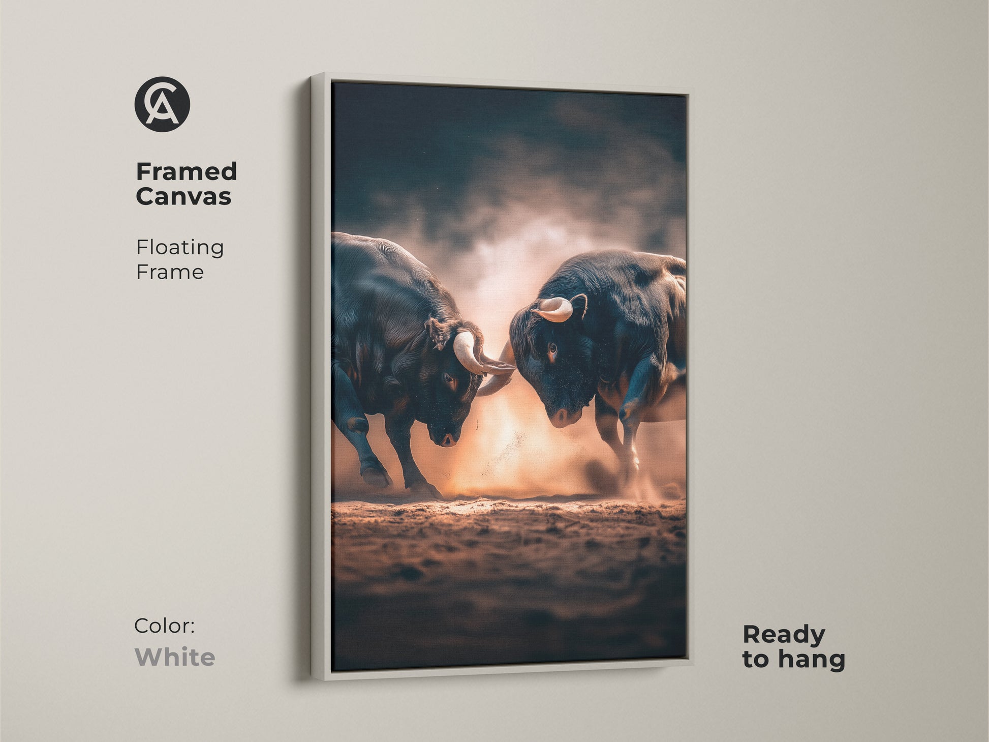 Framed canvas artwork of two bulls fighting. The floating frame in white offers a clean look. Ready to hang this artwork brightens any space. A perfect addition to contemporary homes.