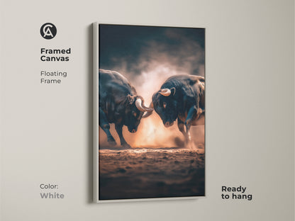 Framed canvas artwork of two bulls fighting. The floating frame in white offers a clean look. Ready to hang this artwork brightens any space. A perfect addition to contemporary homes.