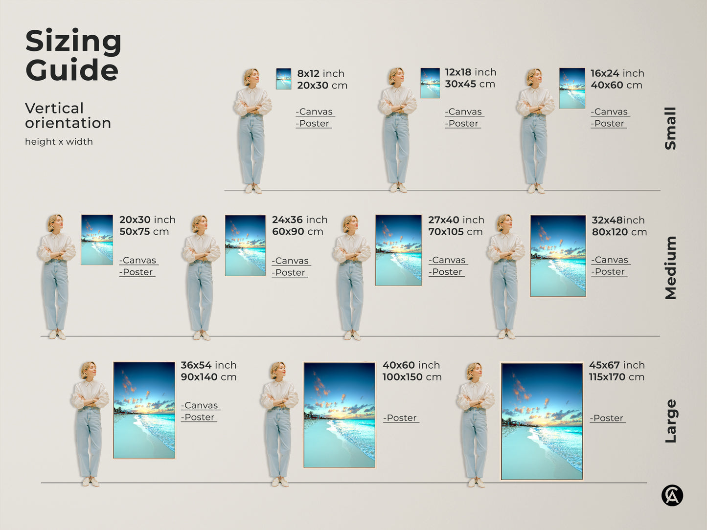 Sizing guide shows various vertical orientations for the beach art. Canvas and poster options are available in small medium and large sizes. Find the perfect fit for your wall.