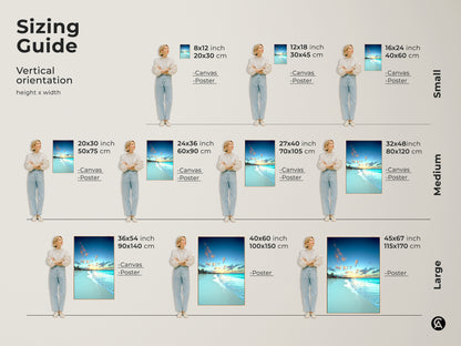 Sizing guide shows various vertical orientations for the beach art. Canvas and poster options are available in small medium and large sizes. Find the perfect fit for your wall.
