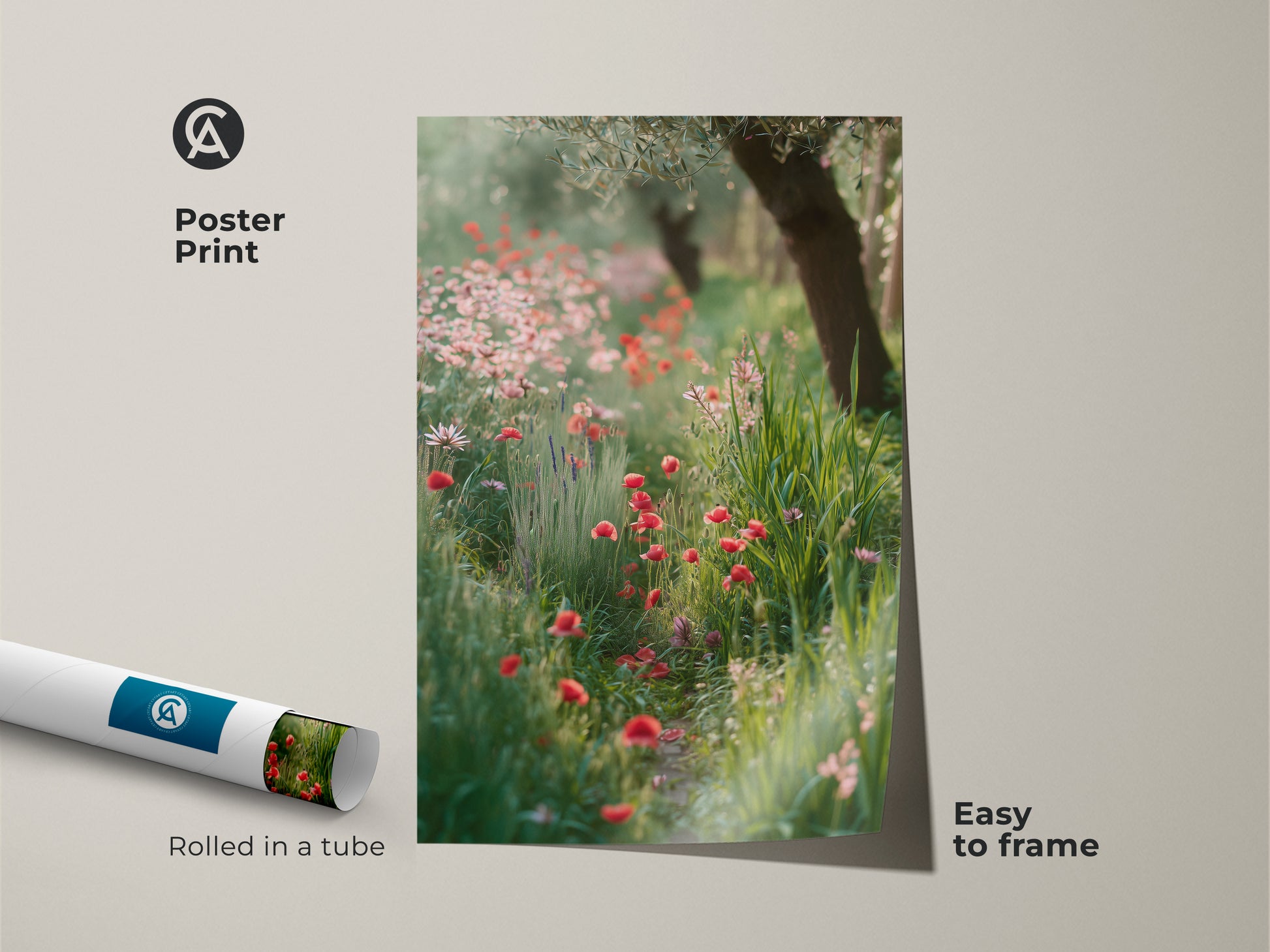 Poster print features an impressionistic wildflower garden. The red poppy art is vibrant and eye-catching. Rolled in a tube it is easy to frame. Boho botanical wall art enhances any space. This nature lover gift print is perfect for spring. Summer field canvas with green and red art.