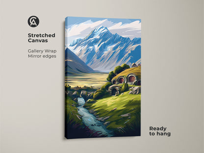 Stretched canvas fantasy hobbit hole artwork with gallery wrap and mirror edges. This mountain landscape wall art is ready to hang. It shows a river scene in canvas art.
