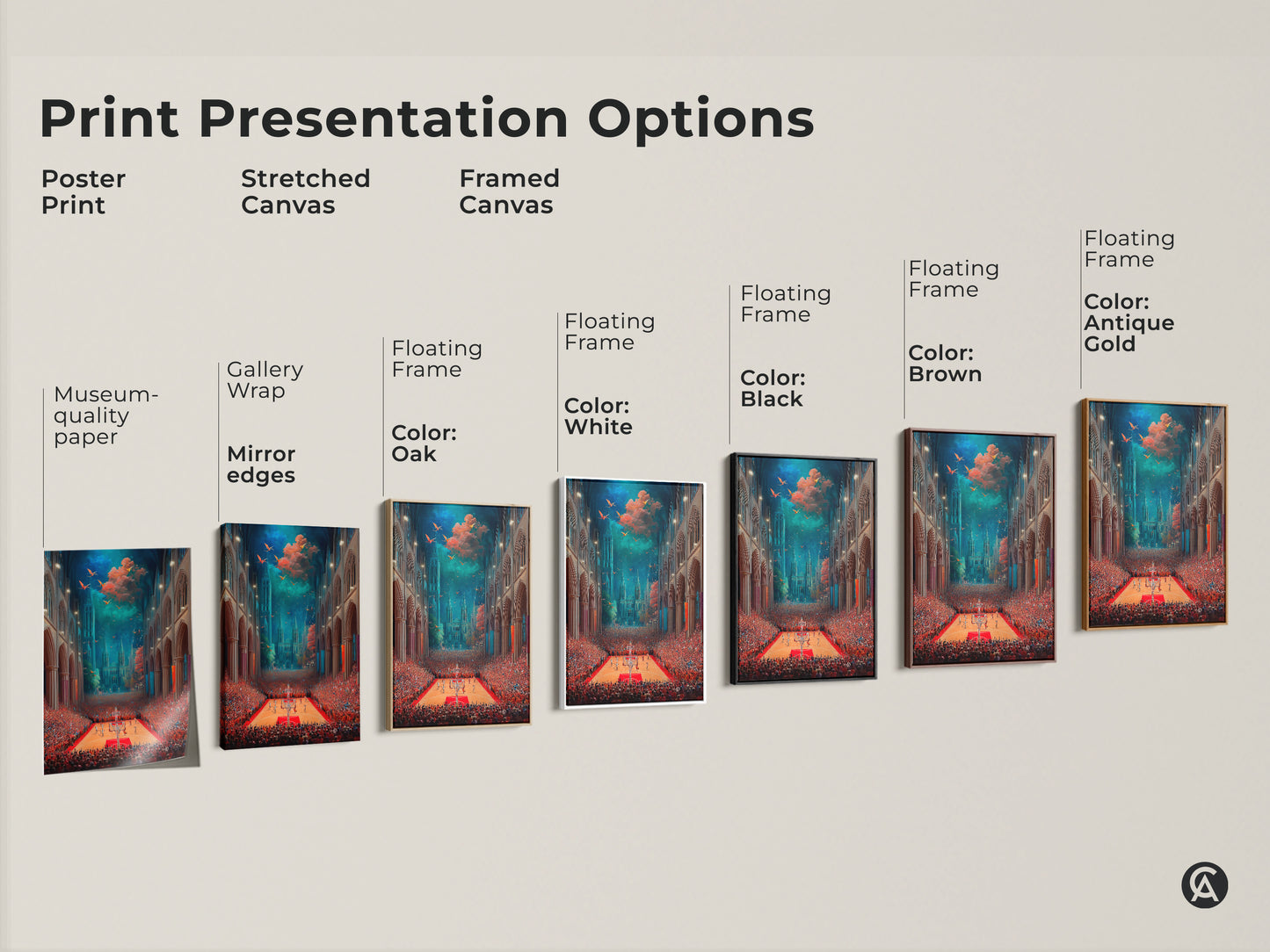 Explore various print presentation options including poster prints stretched canvas and framed canvas. All displaying a surreal basketball cathedral art piece. Discover museum-quality paper gallery wraps and floating frames for your artwork.