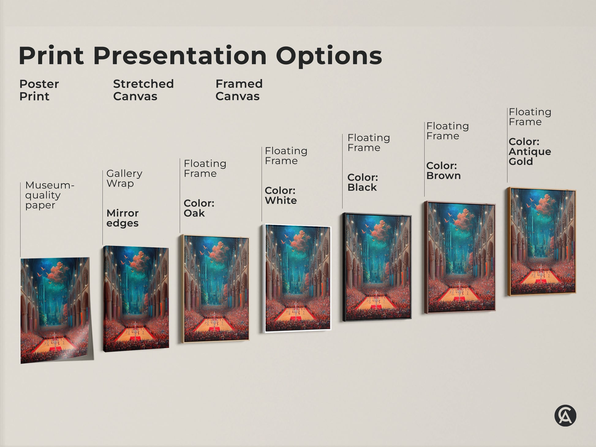 Explore various print presentation options including poster prints stretched canvas and framed canvas. All displaying a surreal basketball cathedral art piece. Discover museum-quality paper gallery wraps and floating frames for your artwork.