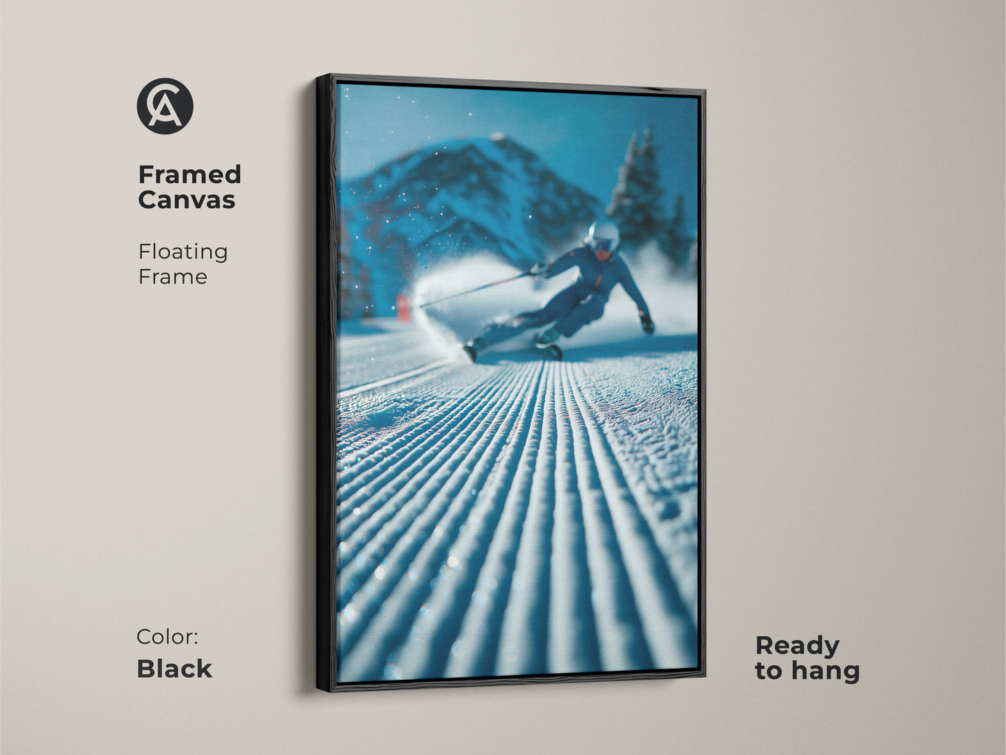 Framed canvas art featuring a skier. The floating frame adds a touch of elegance to the dynamic scene. Ready-to-hang this artwork brings the spirit of the mountains into your home. The black frame complements the winter landscape beautifully.
