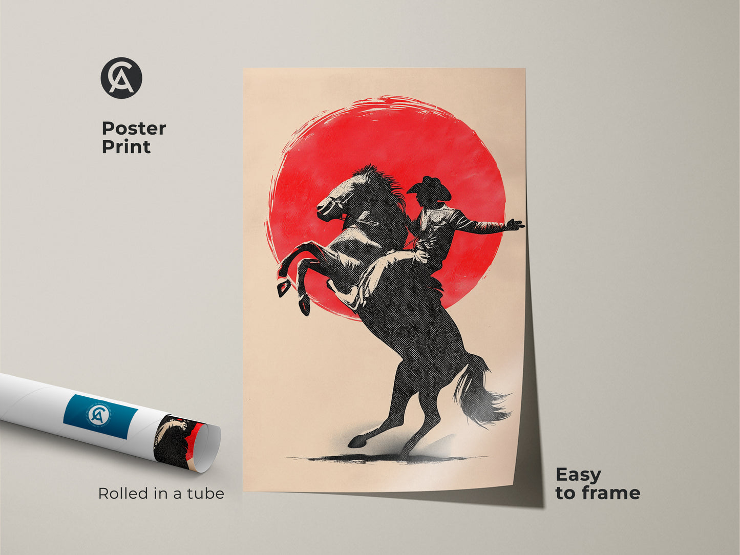 Cowboy on horse poster print rolled in a tube. This western rodeo sunset art is minimalist. It adds a farmhouse touch. Features rustic man cave decor. Easy to frame and hang on any wall. Great gift for cowboy enthusiasts.