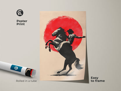 Cowboy on horse poster print rolled in a tube. This western rodeo sunset art is minimalist. It adds a farmhouse touch. Features rustic man cave decor. Easy to frame and hang on any wall. Great gift for cowboy enthusiasts.