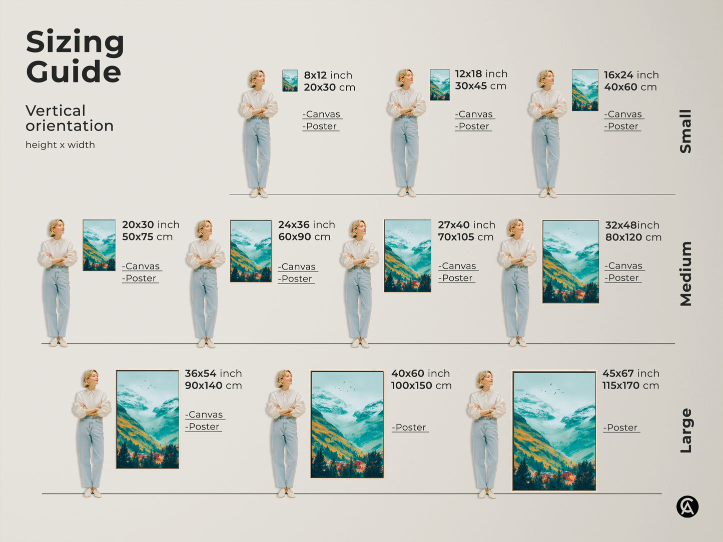 Sizing guide for vertical mountain art. Available in small medium and large sizes. Options include canvas and poster prints. Find the perfect size for your space with this helpful visual guide. A woman is modeling each size.