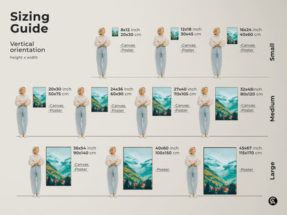 Sizing guide for vertical mountain art. Available in small medium and large sizes. Options include canvas and poster prints. Find the perfect size for your space with this helpful visual guide. A woman is modeling each size.