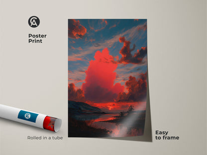 Poster print featuring a crimson sunset scene. It's rolled in a tube and easy to frame. The artwork shows teal and orange clouds. This painterly nature artwork is a vibrant addition to any space.
