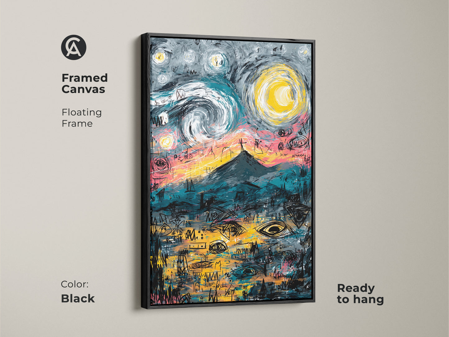 Framed canvas art print in a black floating frame. The artwork shows a mountain under a starry sky. The canvas print is ready to hang. Shop black framed canvas art prints now.