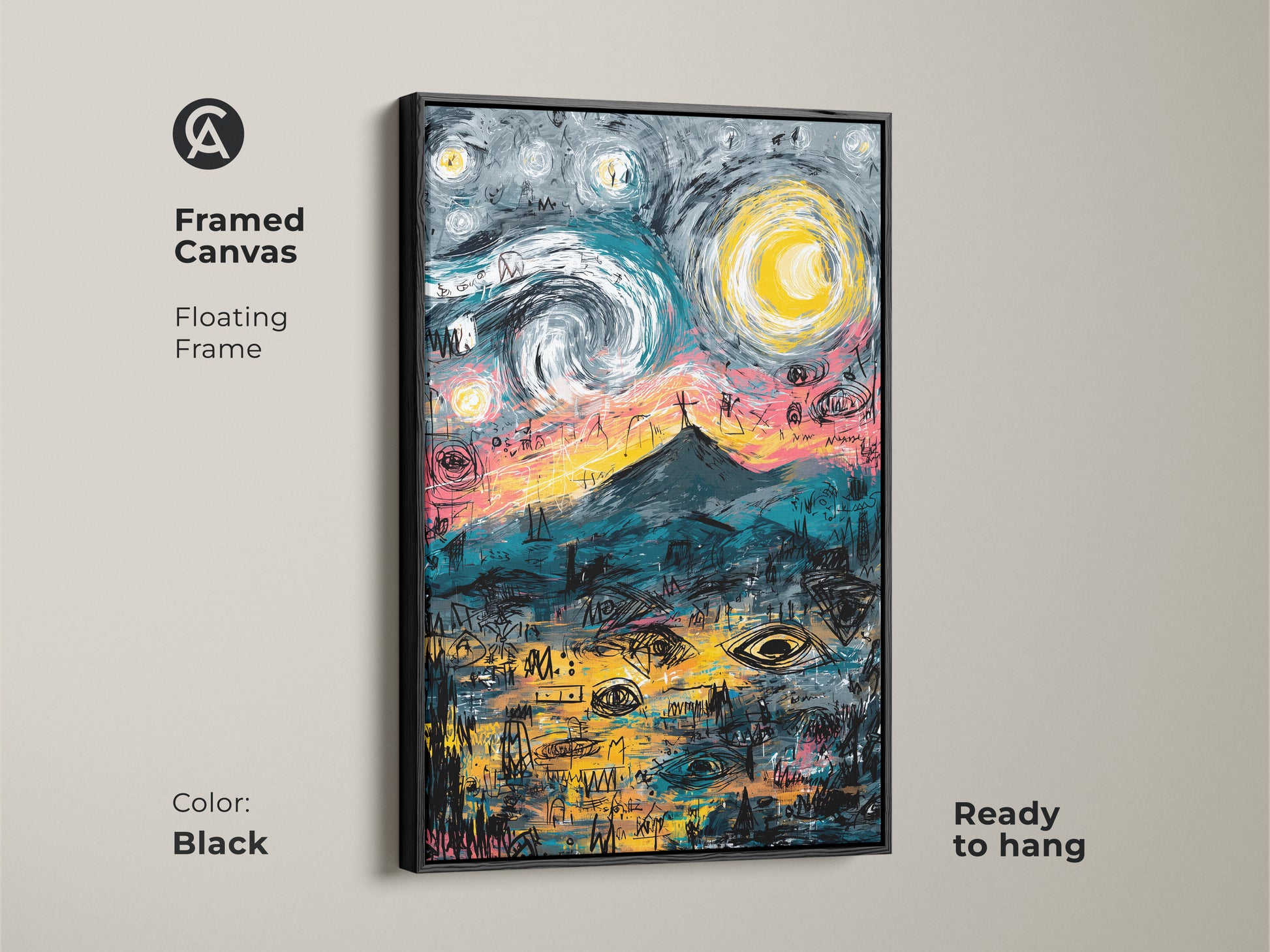 Framed canvas art print in a black floating frame. The artwork shows a mountain under a starry sky. The canvas print is ready to hang. Shop black framed canvas art prints now.