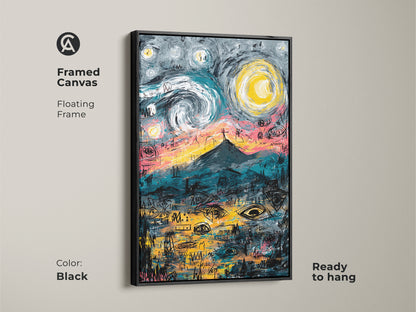 Framed canvas art print in a black floating frame. The artwork shows a mountain under a starry sky. The canvas print is ready to hang. Shop black framed canvas art prints now.