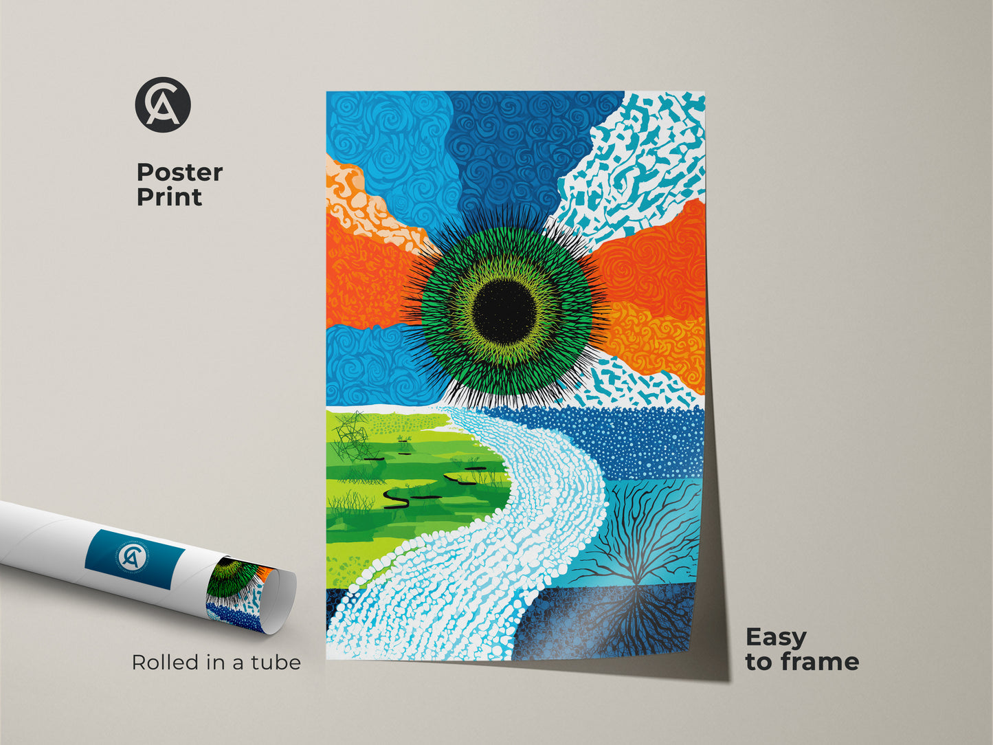Poster print of abstract green eye wall art. The contemporary nature canvas print is rolled in a tube for easy framing. This modern abstract root artwork features orange and blue colors. Organic nature inspired decor.