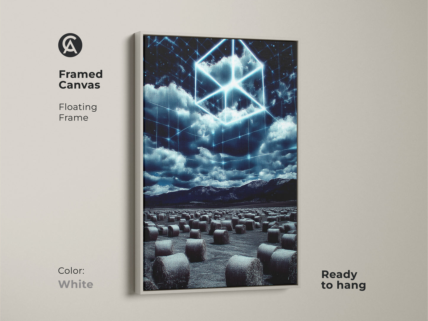 Framed Canvas featuring Futuristic Landscape art. The white floating frame enhances the Electric Blue Cube design. This modern wall art brings a touch of the surreal to any room. Perfect for office tech decor or a housewarming gift.