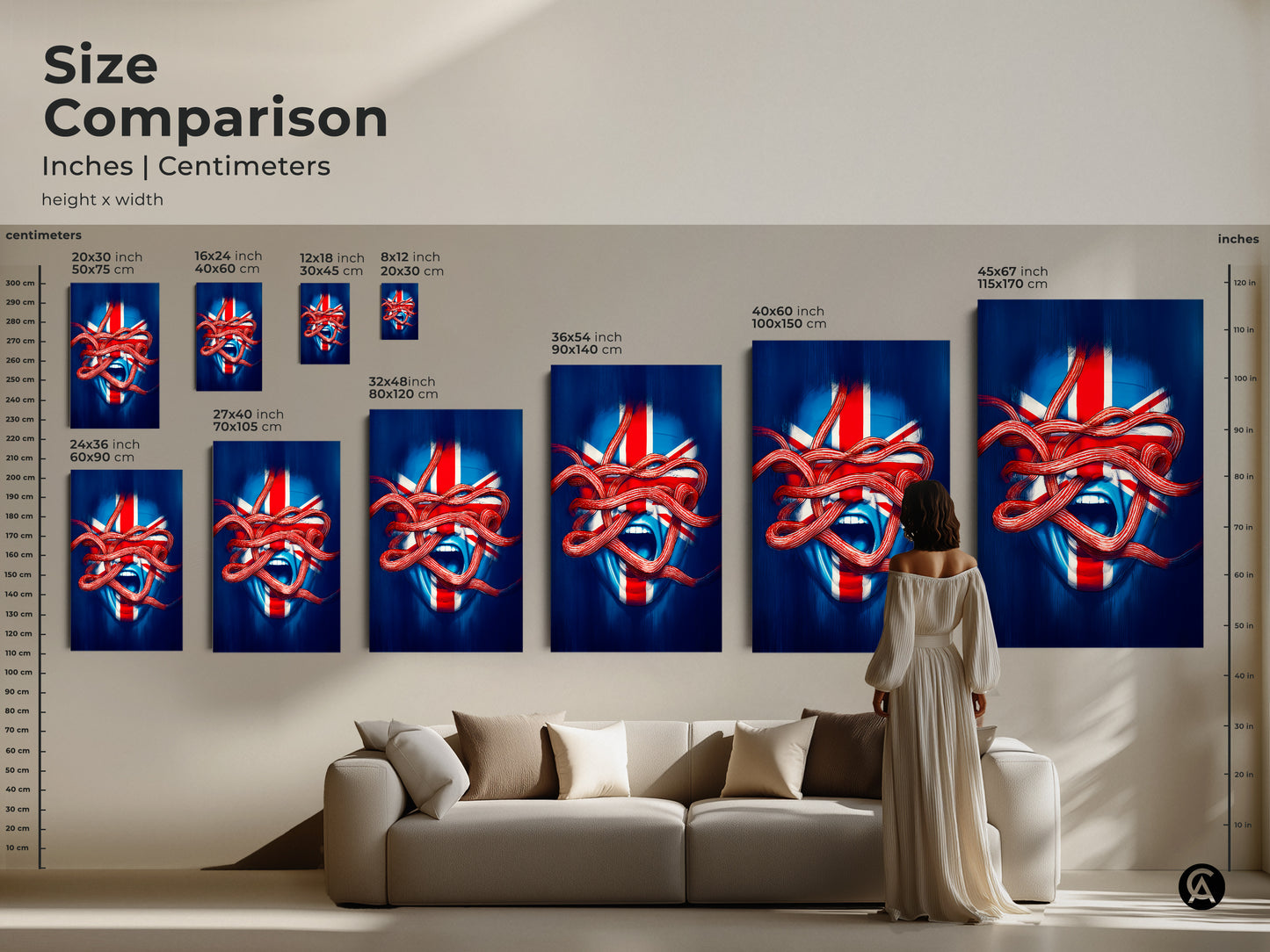 Size comparison for Union Jack face artwork on a wall. See inches and centimeters of abstract nationalism art. This blue red white abstract piece is perfect for any room. Shop statement wall art for eclectic homes now.