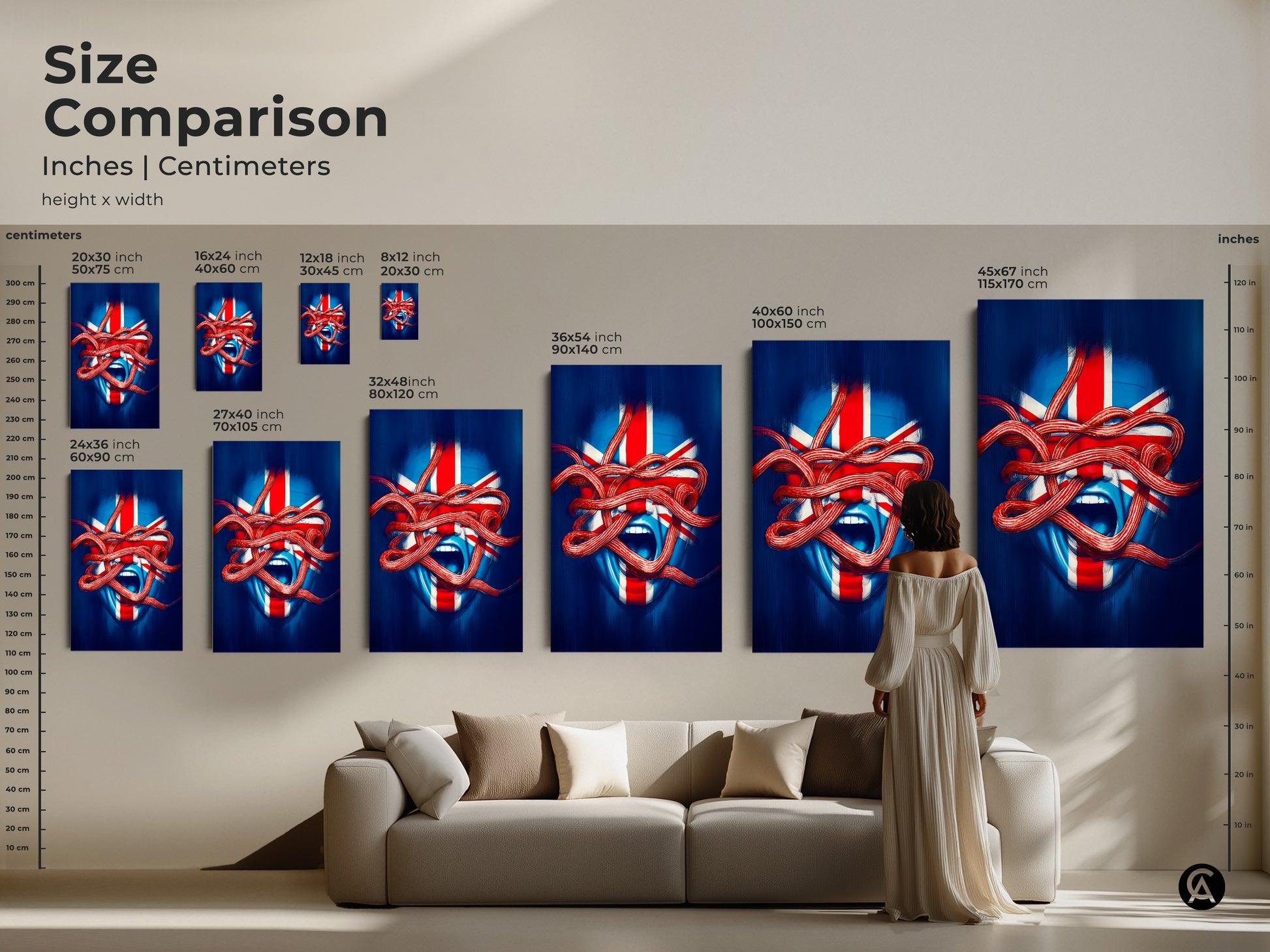 Size comparison for Union Jack face artwork on a wall. See inches and centimeters of abstract nationalism art. This blue red white abstract piece is perfect for any room. Shop statement wall art for eclectic homes now.