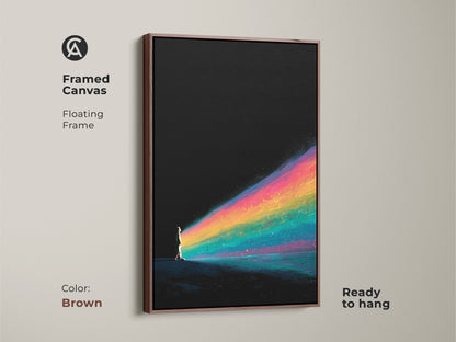 Elevate your wall decor with this framed canvas art. The fantasy artwork shows a person walking towards a vibrant rainbow trail. The floating frame in brown enhances the contemporary feel. This black teal abstract art is ready to hang and is a great housewarming gift.