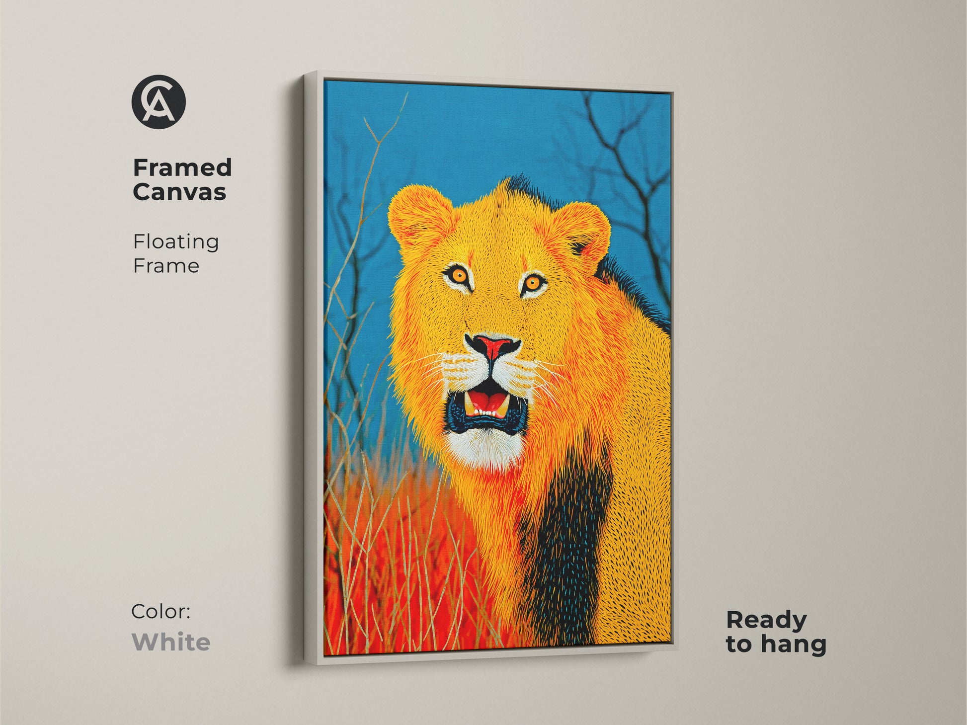 Framed Canvas of African Lion art. The white floating frame highlights the animal portrait. This golden yellow and blue wildlife canvas offers nature-inspired home decor. It is perfect for an entryway and makes a thoughtful gift. The art is ready to hang.