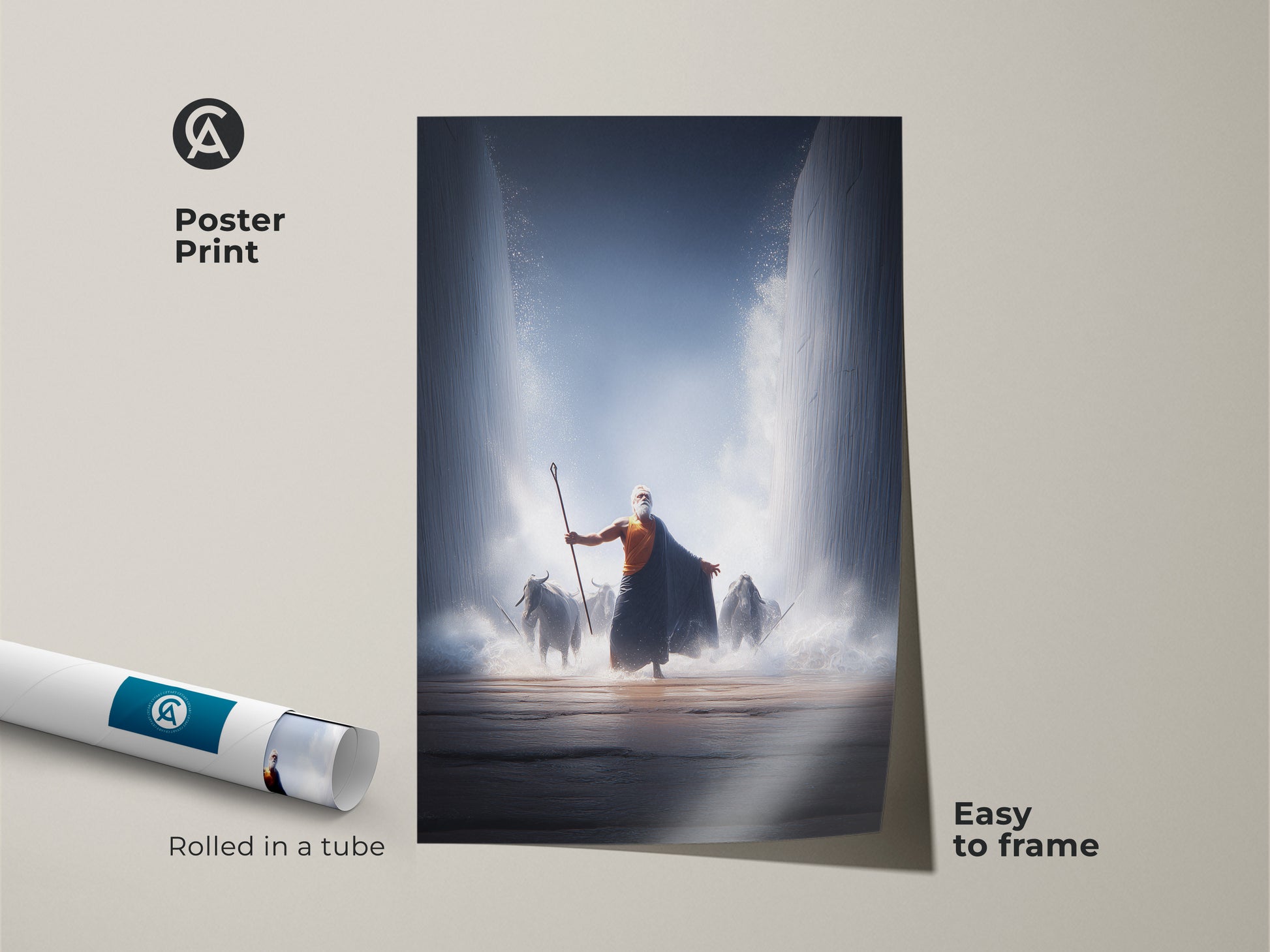 Moses parting the Red Sea is depicted in this poster print. Easy to frame this religious wall art. The artwork is rolled in a tube. This epic bible scene features dark blue and orange tones. Perfect for a study room or office. It’s a unique gift for faith collectors. This print showcases a powerful bible story.