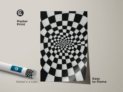 Poster Print Abstract Spiral Checkerboard artwork. A black and white Op Art Print rolled in a tube. Easy to frame geometric wall decor. Contemporary art for a hallway or office. This is a unique wall hanging.