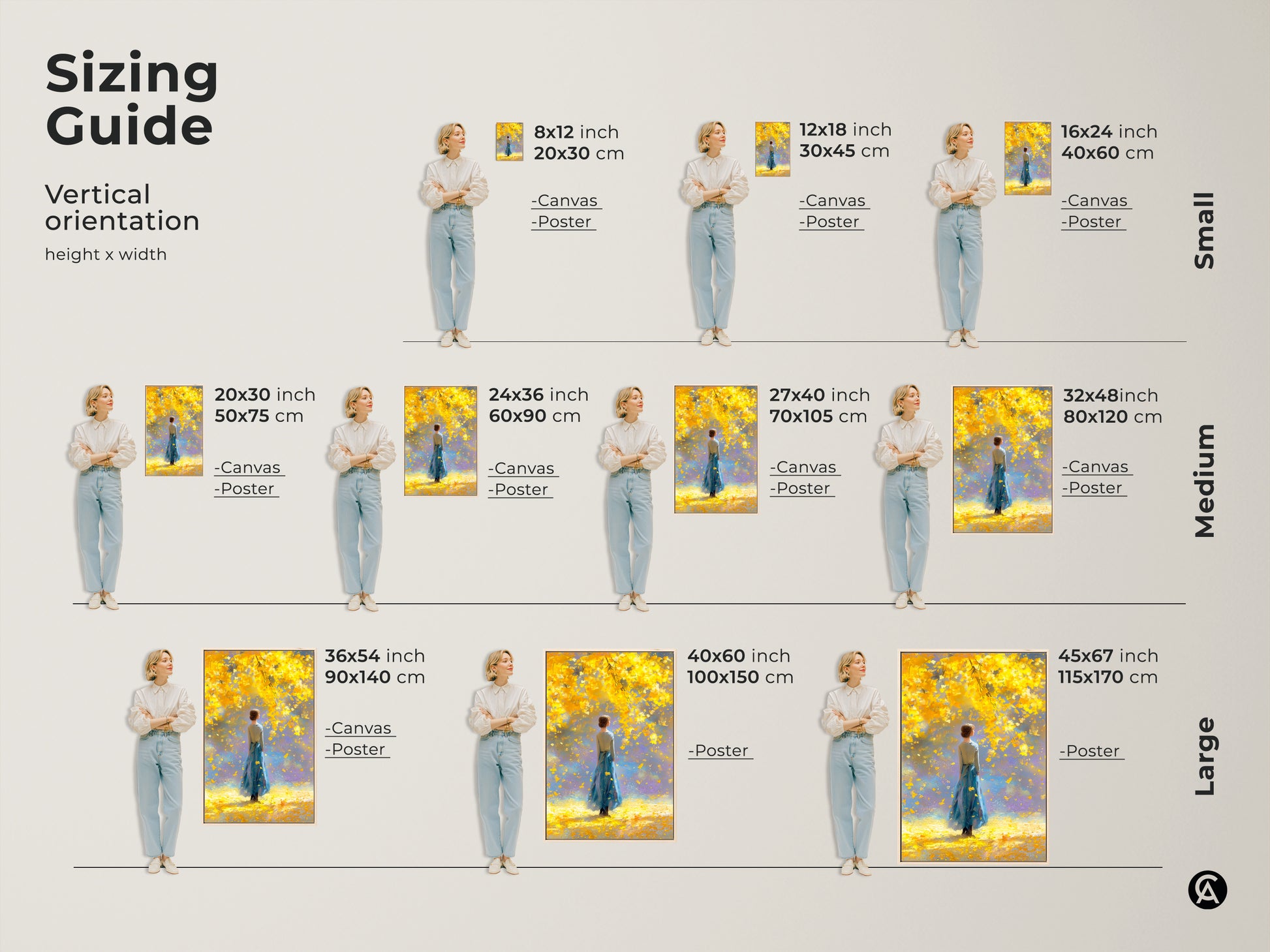 Sizing guide for vertical artwork featuring a woman in a blue dress under a yellow tree. Available in small medium and large sizes for canvas and poster prints. Find the perfect fit for your space with dimensions from 8x12 to 45x67 inches. Transform your home with this elegant art.