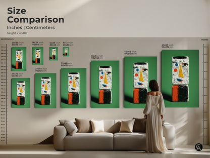 Size comparison of abstract face art in a modern living room. See how different sizes of canvas and posters 20x30 to 45x67 inches fit above a sofa. A woman provides scale to visualize the artwork.