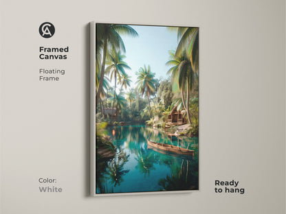 A framed canvas with a white floating frame showcases tropical lake artwork. The art print captures a peaceful lake with palm trees and a wooden boat. This ready-to-hang artwork adds a fresh clean look. The white frame complements the serene scene.