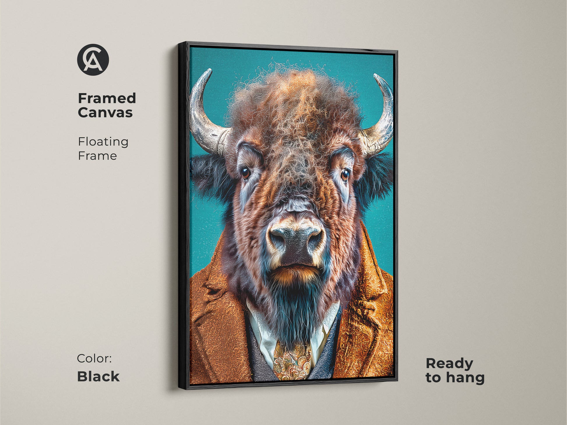 Framed canvas artwork of a buffalo in a suit with a black floating frame. This animal art piece is ready to hang. It brings a touch of elegance and charm to any room. The floating frame enhances the artwork's modern appeal.