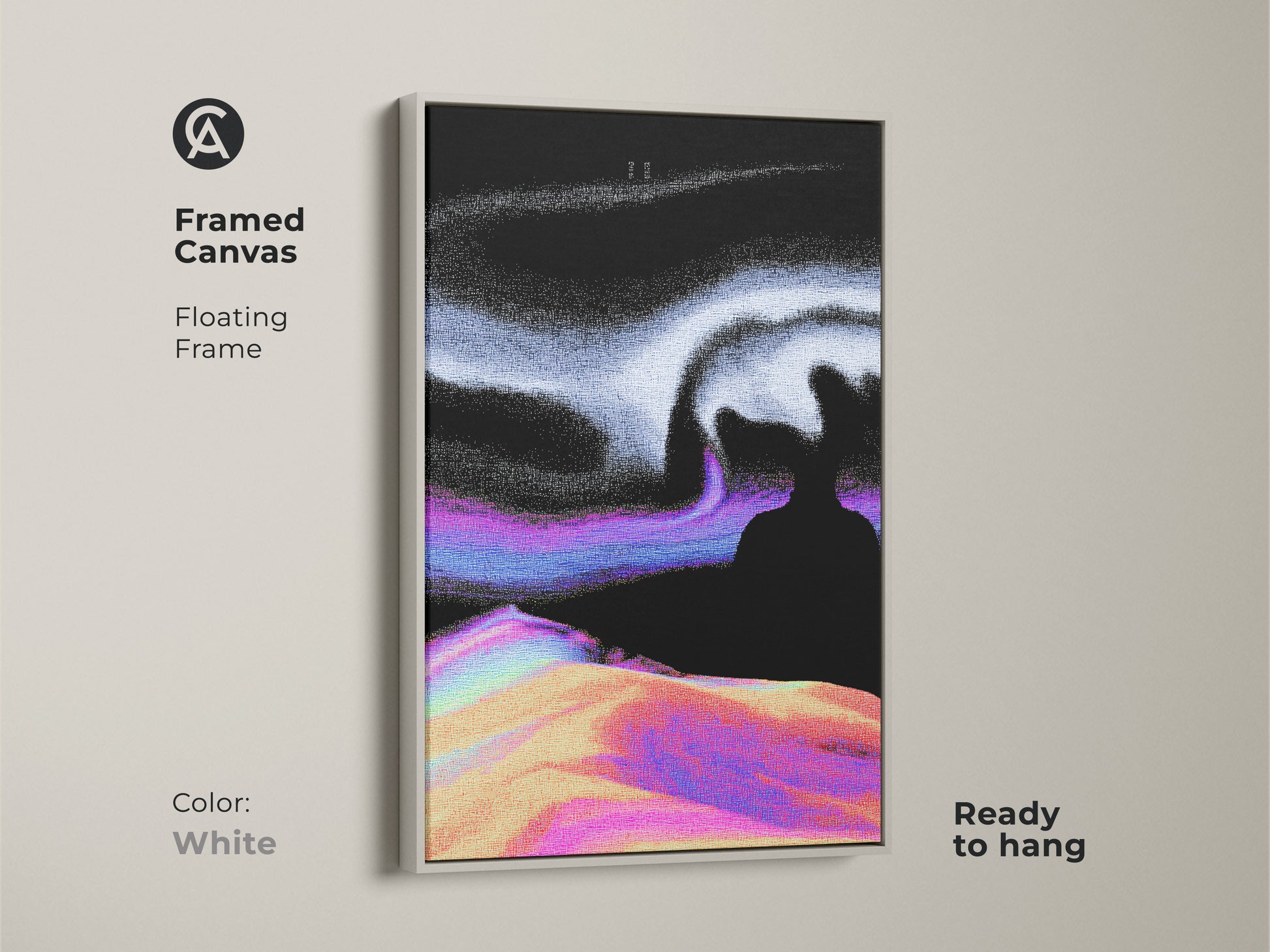 Framed canvas with a white floating frame featuring abstract glitch art. The surreal landscape canvas showcases vaporwave digital artwork in black purple and white. This piece is perfect as modern abstract print and is ready to hang. A unique wall hanging for eclectic home art.