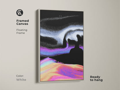 Framed canvas with a white floating frame featuring abstract glitch art. The surreal landscape canvas showcases vaporwave digital artwork in black purple and white. This piece is perfect as modern abstract print and is ready to hang. A unique wall hanging for eclectic home art.
