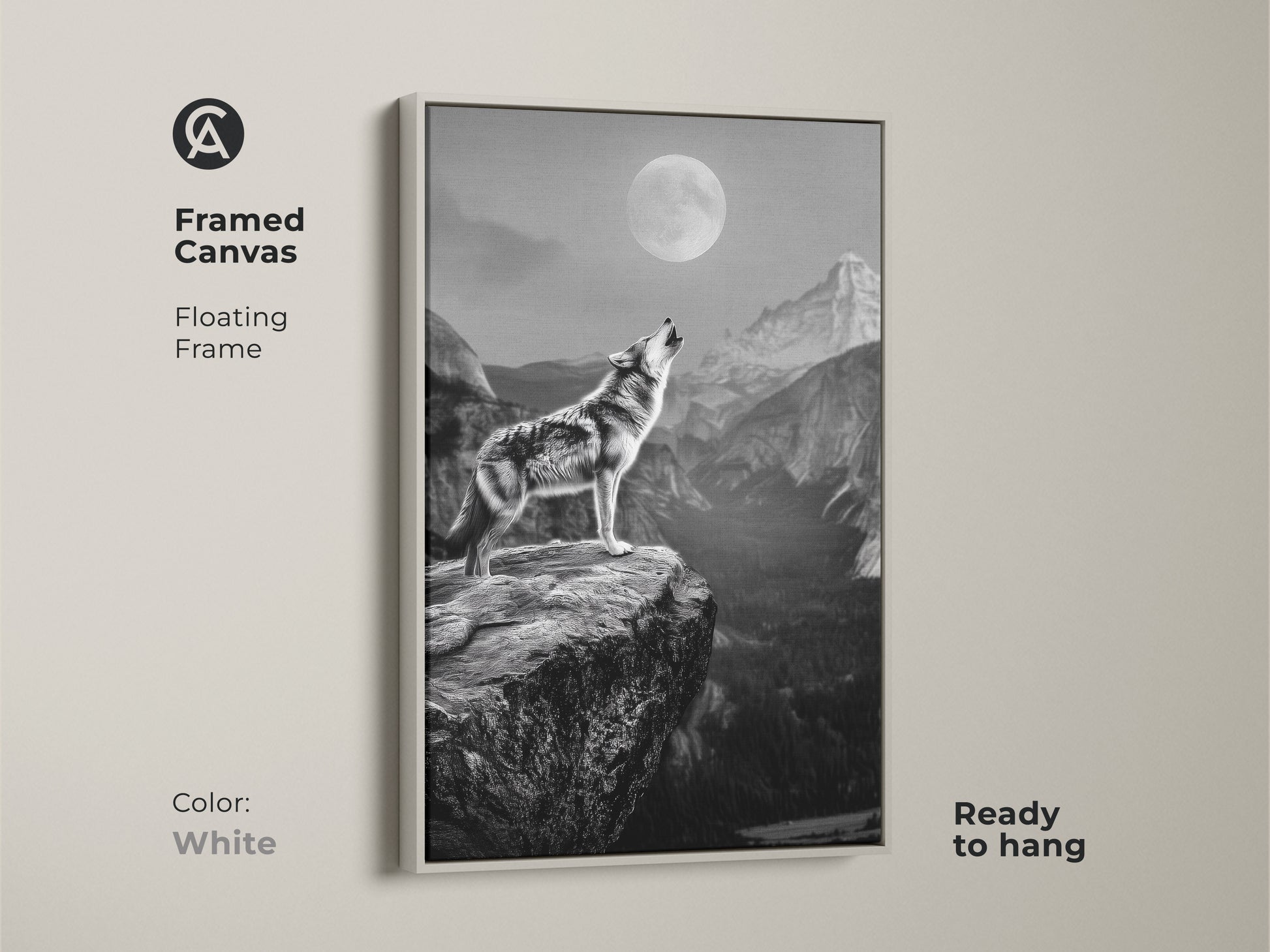 White framed canvas art displaying a wolf howling at a full moon. This floating frame accentuates the rustic wildlife wall art. Ready to hang this piece brings a touch of the wild to your home. Ideal for bedroom nature decor or as a gift for wolf lovers. The monochrome wolf canvas captures the spirit of the animal.