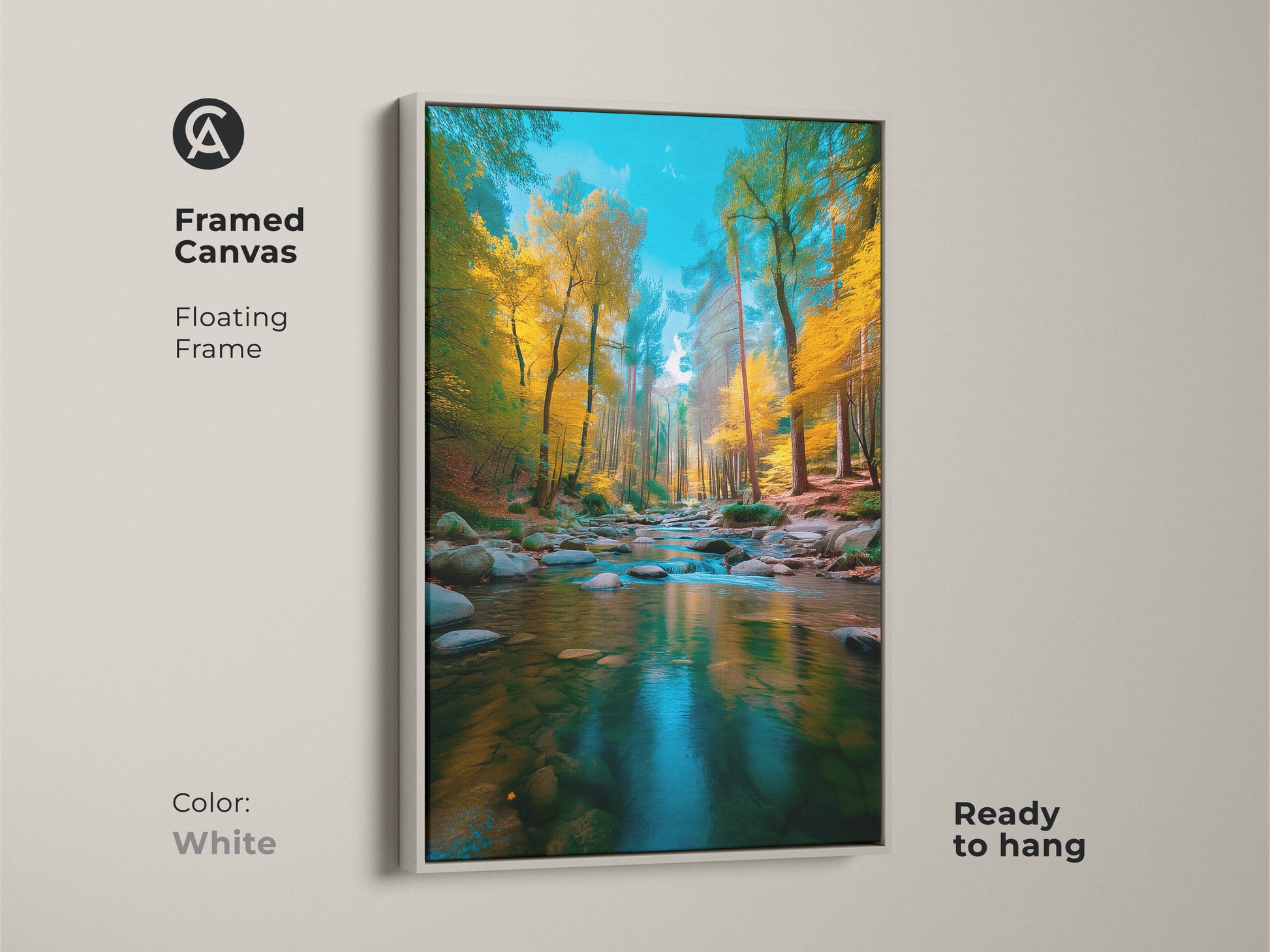 Framed canvas artwork with a white floating frame showcasing a forest river in autumn colors. This ready-to-hang artwork adds a fresh look to your walls. Ideal for contemporary landscape art.