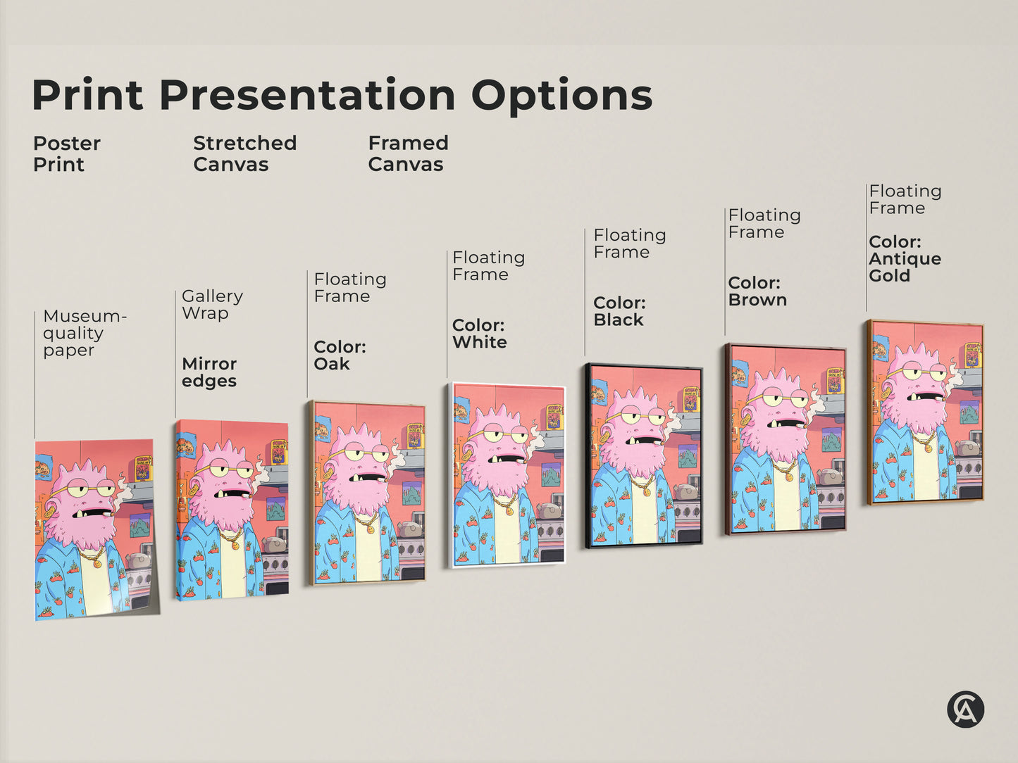 Print presentation options showcasing various formats of the quirky pink monster artwork. Choose from poster print stretched canvas or framed canvas. These surreal character prints are perfect for eclectic home decor and unique art gifts.