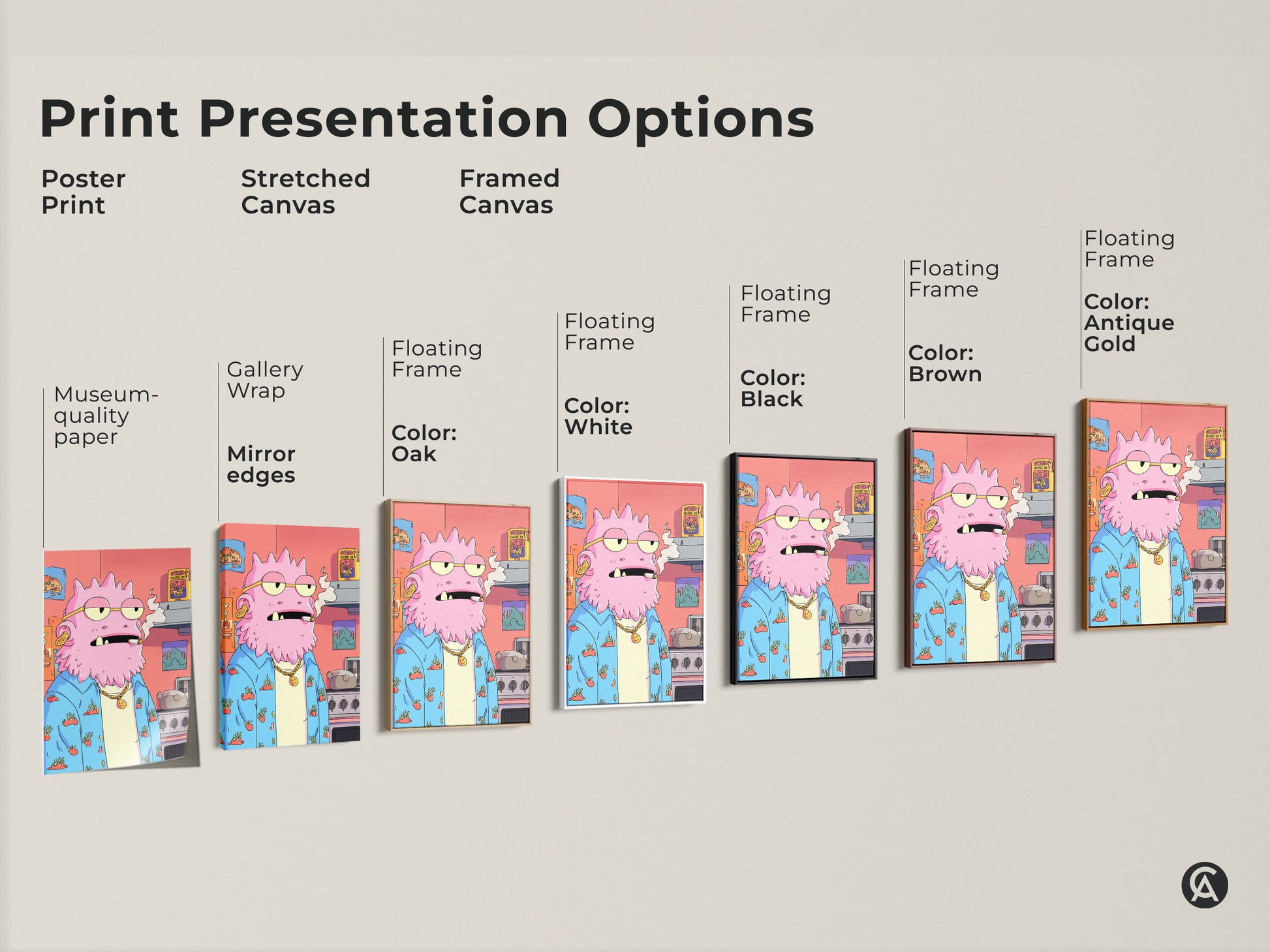 Print presentation options showcasing various formats of the quirky pink monster artwork. Choose from poster print stretched canvas or framed canvas. These surreal character prints are perfect for eclectic home decor and unique art gifts.
